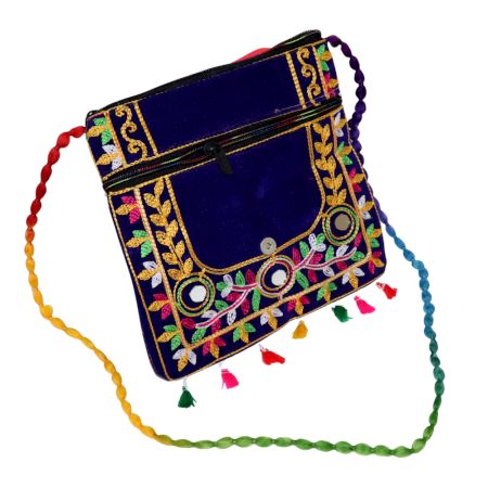 Jaipuri Handmade Velvet Embroidered Sling Bag - Royal Blue Ethnic Crossbody Bag with Mirror Work & Tassels